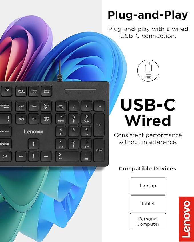 Lenovo 305 Wired USB-C Keyboard with Numeric Keypad, Full Size Keyboard, Slim Design, Black, USB-C Connectivity, Dedicated Function & AI Keys, for Gaming PC, Laptop, Desktop, Tablet, Home Office - Image 6