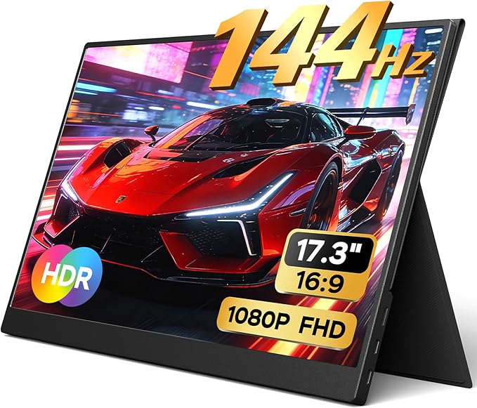 Yxk Portable Monitor 17.3 Inch 1080P 144Hz IPS HDR Ultra-Slim Travel Monitor with Dual Speakers USB-C HDMI Second Screen for Laptop PC Mac Phone Xbox PS4/5 Switch, VESA Kickstand with Cover Stand by Yxk