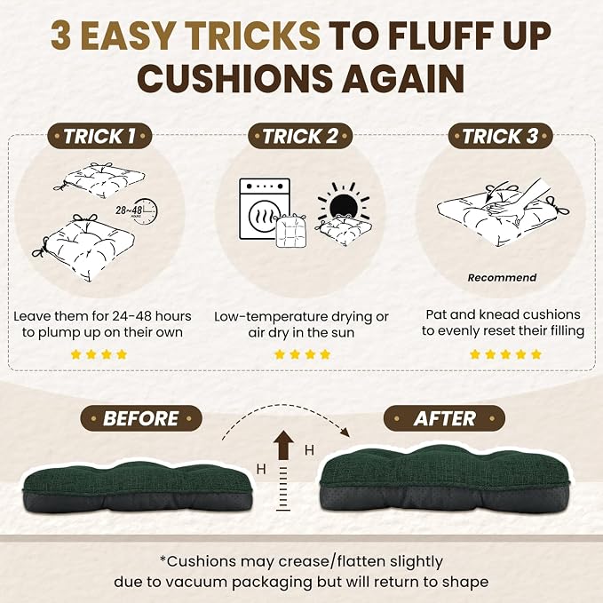 downluxe Indoor Chair Cushions for Dining Chairs, Tufted Overstuffed Textured Kitchen Chair Pads with Ties and Non-Slip Backing, 15.5" x 15.5" x 4", Dark Green, 4 Pack - Image 7