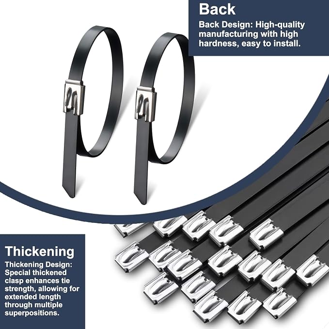 30PCS 11.8" Black Epoxy Coated Metal Zip Ties, Heavy Duty Self-Locking Stainless Steel, Corrosion Resistant for Harsh Environments, Ideal for Machinery, Vehicles, Farm, Cable & Pipe Binding - Image 5