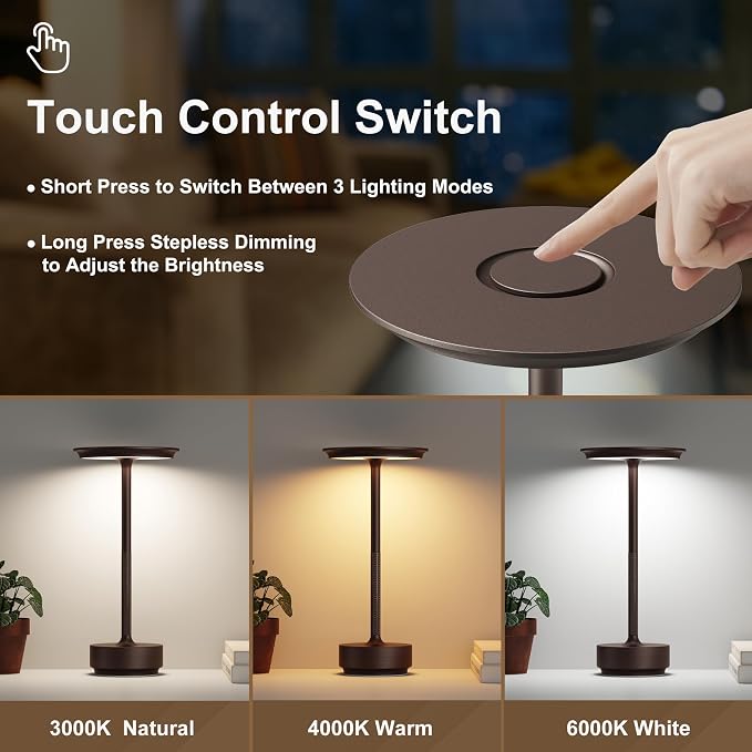 1 Pack Cordless Table Lamps Rechargeable, 5000mAh LED Table Light | Portable 3 Color Stepless Dimming Battery Powered Table Lamp with Memory Function for Restaurant/Home/Outdoor.(Brown) - Image 2