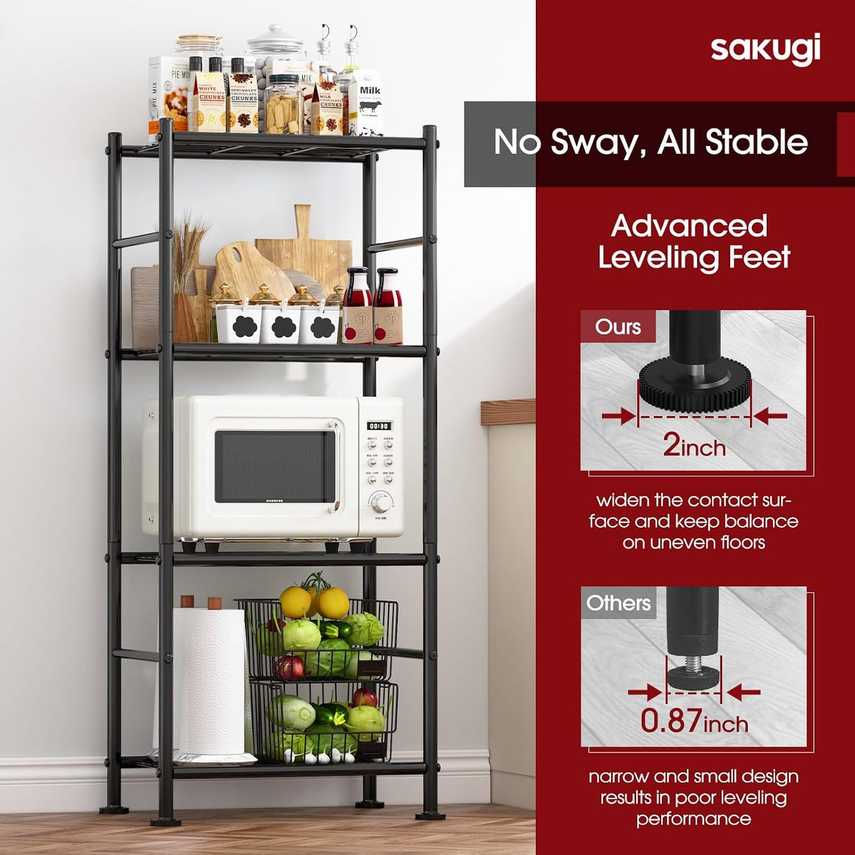Storage Shelves - 4 Tier Shelf Organizer, Heavy Duty Garage Shelving Unit with Leveling Feet, Stable Metal Shelves Organizer for Pantry, Kitchen and Closet, 18.4" W x 12.6" D x 44.2" H, Black - Image 5