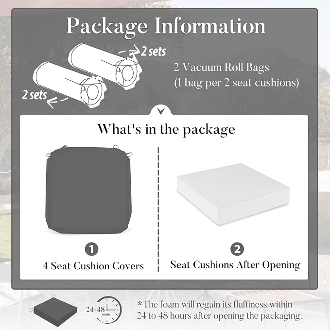 Basic Beyond Outdoor Chair Cushions for Patio Furniture, Waterproof Outdoor Seat Cushions Set of 4 19 x 19, Patio Chair Cushions Set of 4 with Ties and Handle, Dark Grey - Image 7