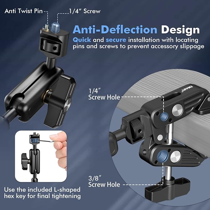 EMART 21" Magic Arm Clamp Kit with Super Clamp, 1/4" 3/8" Threads for ARRI, Flexible Camera Desk Mount, Adjustable Articulating Boom Arm for Webcam/Mic/Action Camera/Phone/Video Light - Image 5