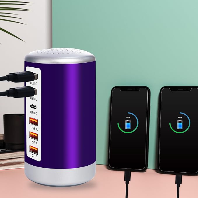 60W USB Charging Station with 6-Port (3 USB-A & 3 USB-C) for iPhone 12/13/14, Tablets & Smartphones - Purple - Image 4