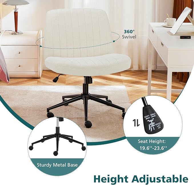 OLIXIS Criss Cross Office Chair, Vanity Chair, Home Office Desk | Wide Seat, Height Adjustable, Comfy Fabric, Armless No Wheels, Bedroom, Study Room, Beige - Image 7