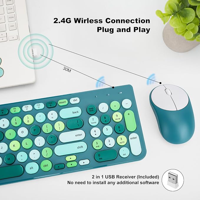 Wireless Keyboard and Mouse Combo, Retro Typewriter Keyboard with Round Keycaps, 2.4GHz USB Cute Wireless Keyboard Mouse for Computer, Desktop (Green) - Image 2