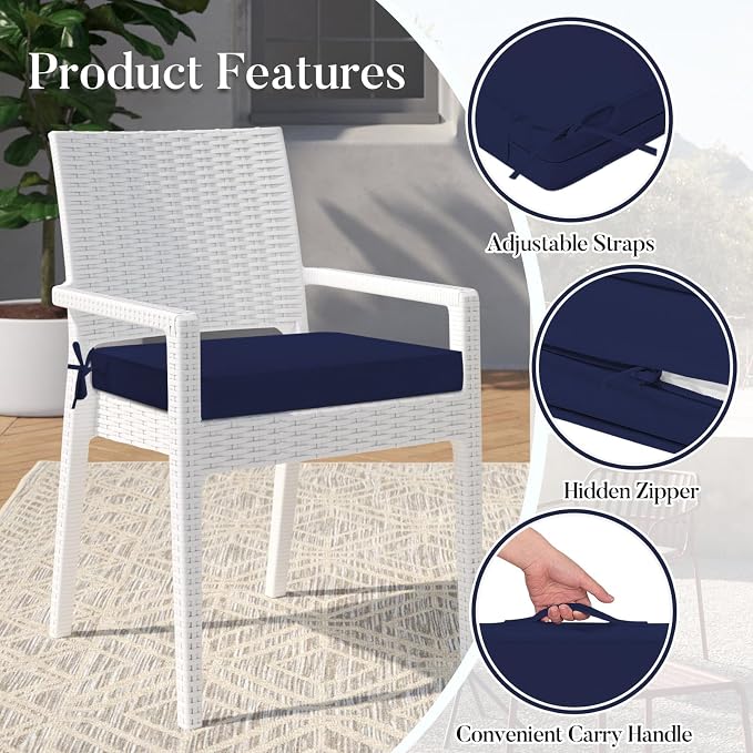 Basic Beyond Outdoor Chair Cushions for Patio Furniture, Waterproof Outdoor Seat Cushions Set of 4 18 x 18, Patio Chair Cushions Set of 4 with Ties and Handle, Navy - Image 5