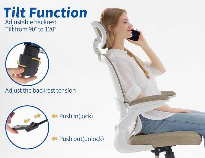 TRALT Ergonomic Office Chair Desk Chair with Adjustable Lumbar Support | Home Office Desk Chairs with Flip-up Armrests & 3D Headrest - Mesh Gaming Chairs for Adults, 330lbs, PU Leather (Khaki, 1) - Image 7