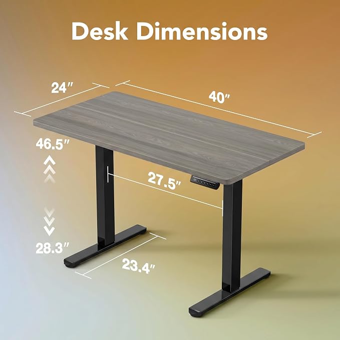 HUANUO 40x24 Inch Electric Standing Desk, Height Adjustable, Grey | 176 Lbs Capacity, Smooth Home Office Desk, 4 Memory Presets & Headphone Hooks, 28.3–46.5 Inch Height Range, Easy to assemble - Image 3