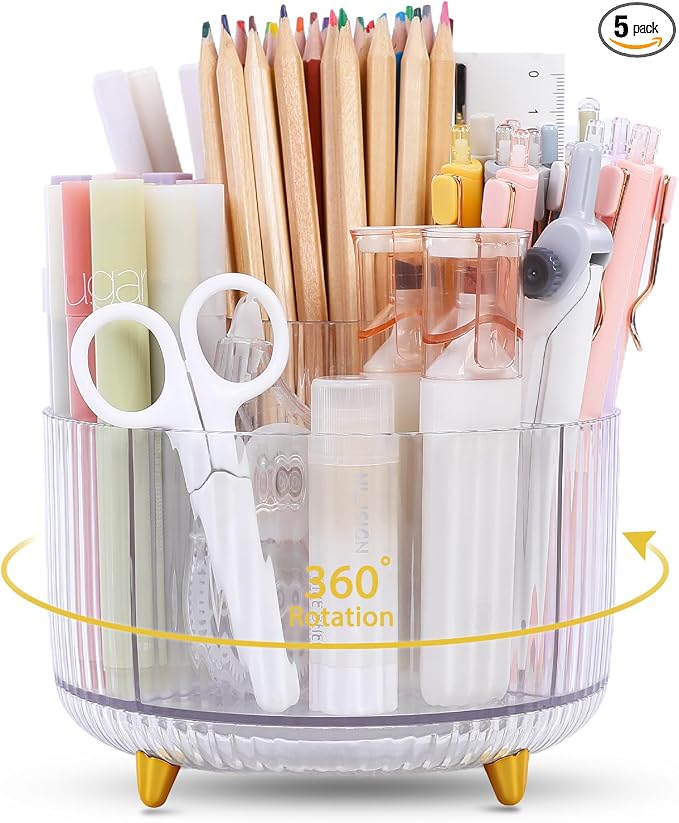 SKYDUE Rotating Pencil Pen Holder, Pen Organizer with 5 Slots - Aesthetic Desk Organizer and Accessories for School, Home, Office Supplies by SKYDUE