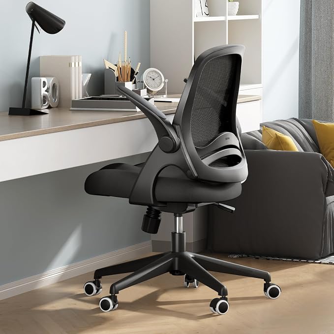 Hbada Office Desk Chair with Flip-Up Armrests and Saddle Cushion, Ergonomic Office Chair with S-Shaped Backrest, Swivel, Mesh, Black by Hbada