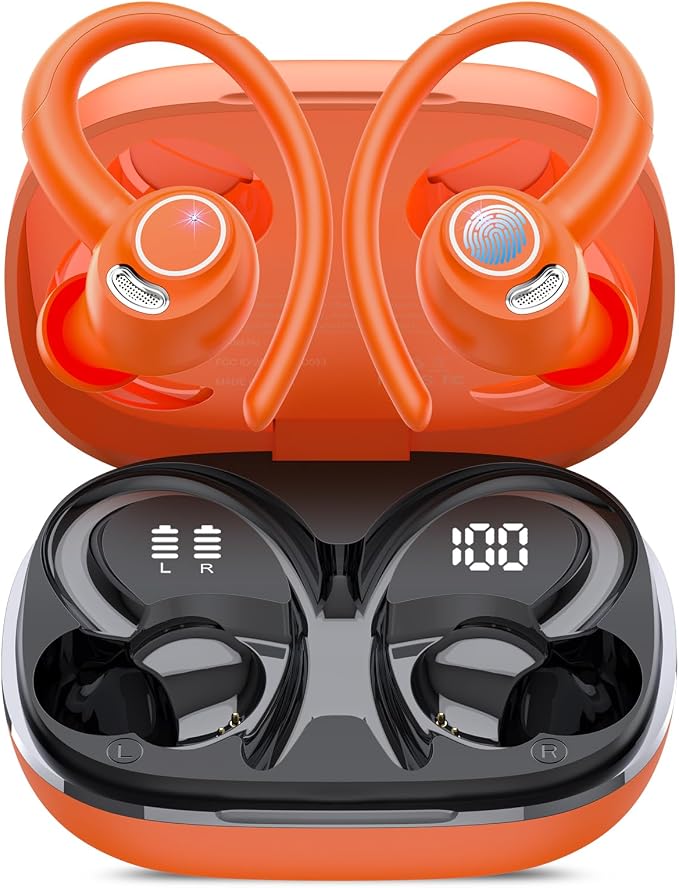 Wireless Earbuds, Bluetooth 5.4 Headphones Sport Over Ear Buds with ENC Mic | Noise Cancelling Mic,48H, Wireless Earphone With Earhooks, Stereo Deep Bass, IP7 Waterproof earbud for Workout Running,Orange by Jesebang