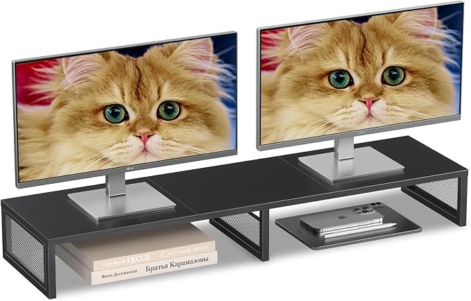 Dual Computer Monitor Stand Riser, Desk Organizers and Accessories, Printer & TV Stand, Desk Shelf, Office Desk Accessories & Desktop Workspace Organizer for Office Supplies, Black by Illuminatinglifewiththewarmthandloveoflight