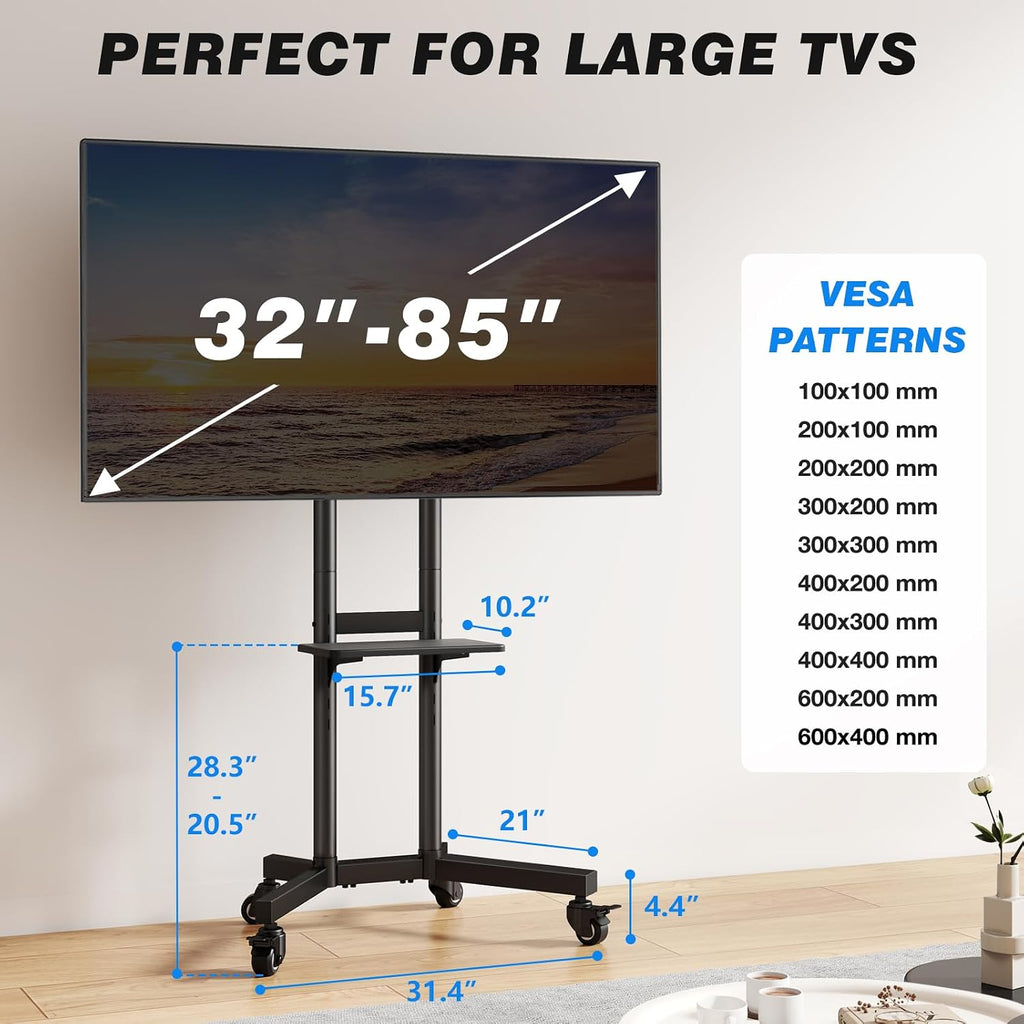 Portable Rolling TV Stand with Shelf for 32-85 in TVs up to 150 lbs - Image 6