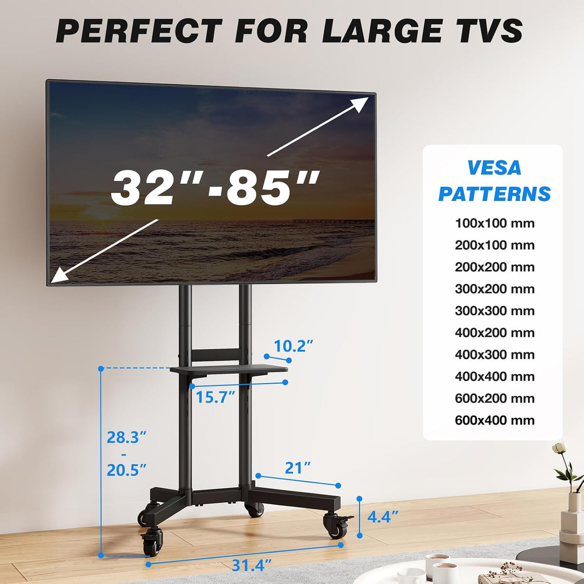 Portable Rolling TV Stand with Shelf for 32-85 in TVs up to 150 lbs - Image 6