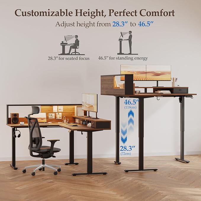 Klicelor L Shaped Electric Standing Desk 63 x 55 inch with Shelf, Height Adjustable Corner Desk, Sit Stand Desk with Storage Shelf, Home Office Computer Table, Light Dark Walnut - Image 5