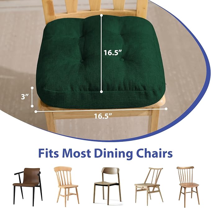 IASEAHK Chair Cushions for Dining Chairs, Dining Chair Cushions, Tufted Indoor Chair Pads with Ties & Non Slip Backing, Seat Cushions for Kitchen Chairs 16.5” x 16.5” x 3.5”, Set of 6, Green - Image 3