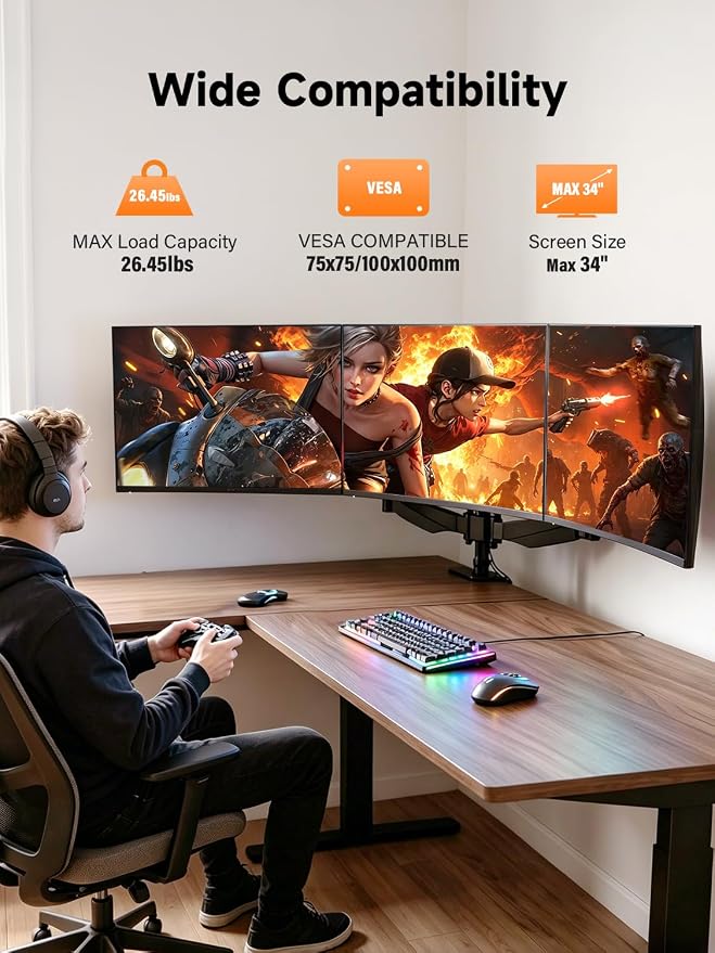 Triple Monitor Mount for 17 to 34 inch Screens, Holds up to 26.45lb, Adjustable Triple Monitors Stand for Desk with Tilt, Swivel, Rotation, Clamp & Grommet Kit, VESA 75/100mm, Black, MDX003P - Image 2