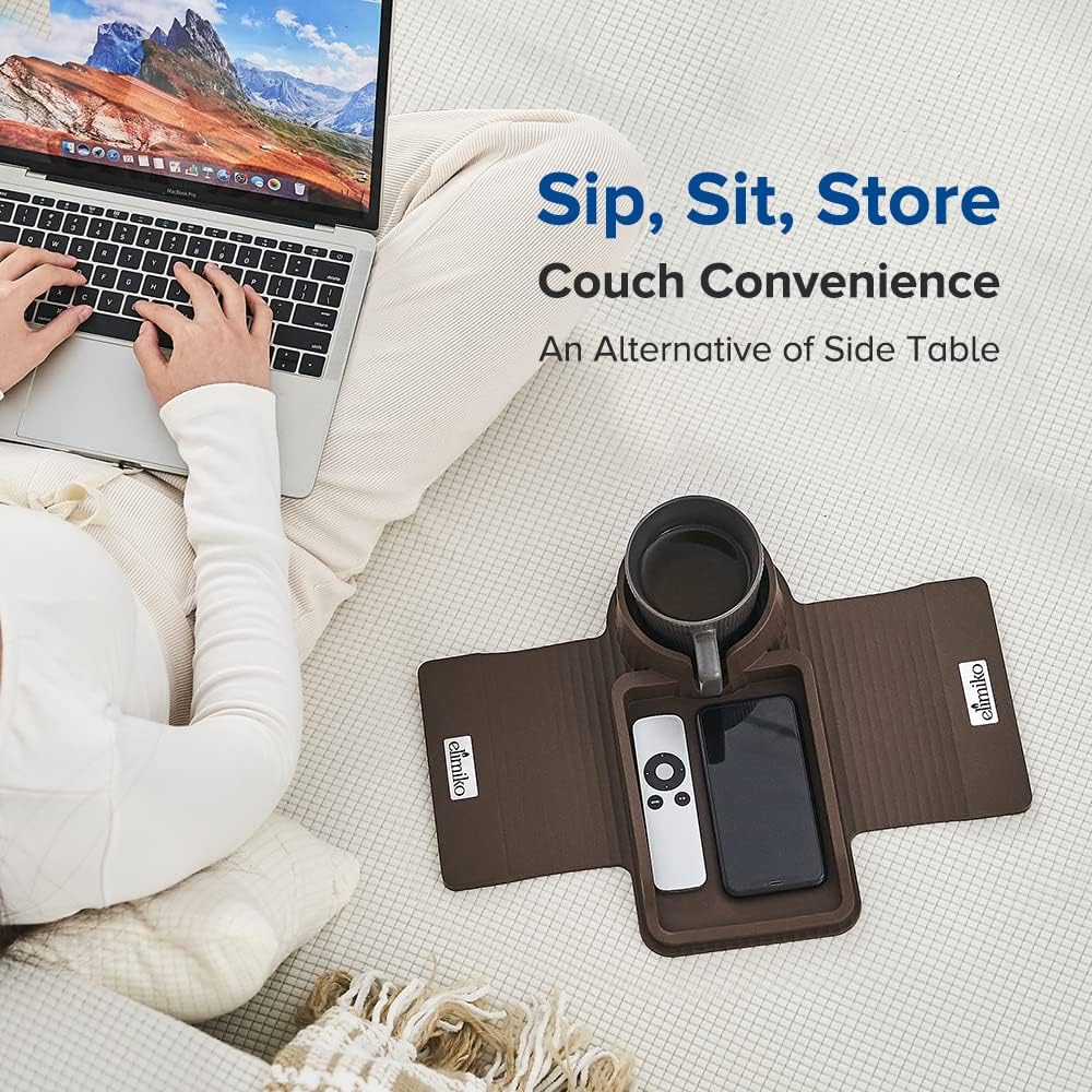 Couch Cup Holder Tray, Elimiko Silicone Sofa Drink Holder with Large Cup Holder and Tray, for Oversized Mugs/Long Remote/Snacks/Cellphone (Mocha Brown) - Image 2
