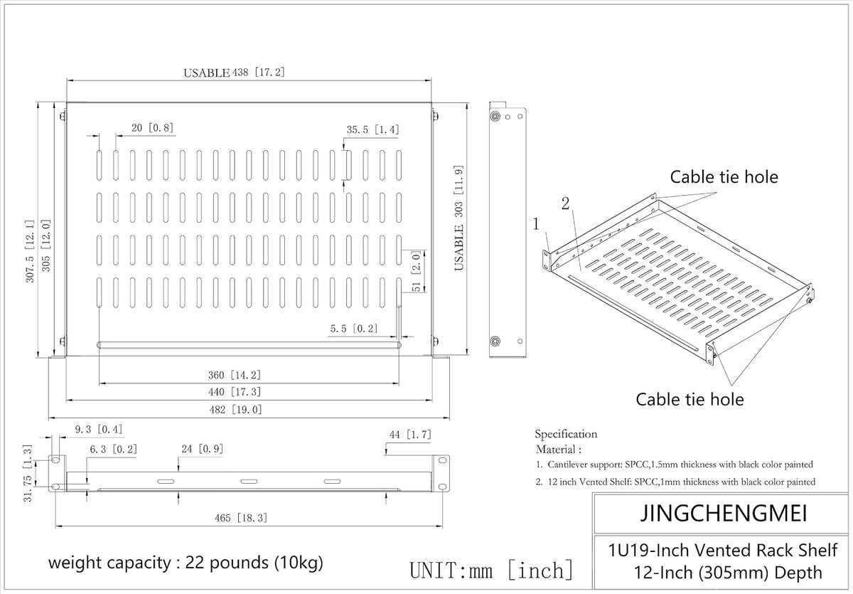1U Vented Rack Shelf Universal Rack Tray No Lip 12 inch Depth - Image 4