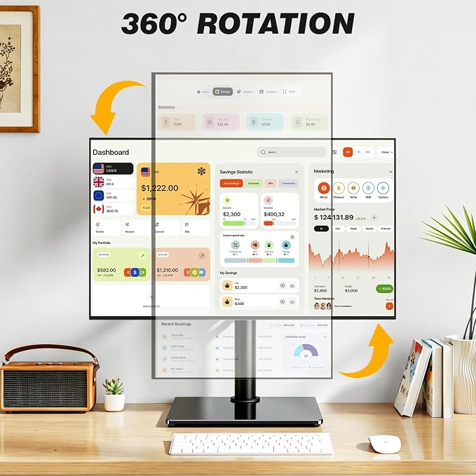5Rcom Single Monitor Freestanding Stand, Holds Screens 17-35 Inch Regular and Ultrawide, Square Tempered Glass VESA Mount Base, Adjustable Height, Tilt, Swivel, Rotation, Black - Image 5