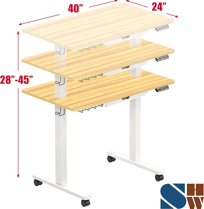 SHW Mobile Electric Height Adjustable Standing Desk w/Drawer, Walnut | 40" Wide Top | w/ Memory Presets and Cable Management | Drawer with adjustable compartments | Hanging Hooks - Image 3
