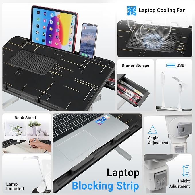 Adjustable Laptop Lap Desk with Cooling Fan USB Light for Adults 60 * 40cm,Black - Image 3