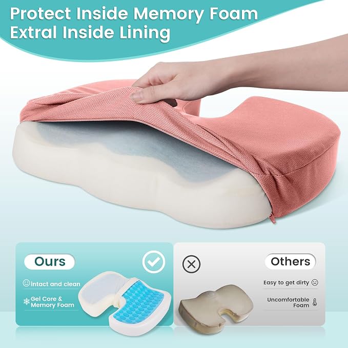 Gel Seat Cushion, Enhanced Memory Foam Cushion for Tailbone Pain, Pink | Cooling Gel for Office Chair, U-shaped Design Chair Cushion for Gaming, Car, Wheelchair, Non-Slip Base, Washable Cover - Image 4