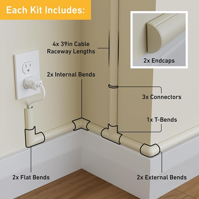 D-Line 13.12ft Cord Hider Kit, Patented Cable Cover, Hide Wires on Wall, Channel for TV Mount Cords, Raceway Wire Hiders, Paintable, Adhesive, Half Round, 4X 1.18in W x 0.59in H x 39in Lengths, Beige - Image 2