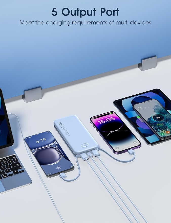 Nusyddy Portable Charger 10000mAh Fast Charging w/Built-in Wall Plug Blue | PD20W Fast Charging, LED Indicator, Pass Through Charging, TSA Approved, Compact/Slim, Power Bank for iPhone/iPad/Samsung - Image 6