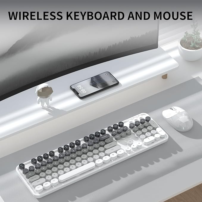Creamy Wireless Keyboard and Mouse, MOFII 104 Round Keycaps Retro Typewriter with OTG & Brush, Full-Size Ergonomic, Ideal for Windows PC, Home, Office and College Gray White - Image 9