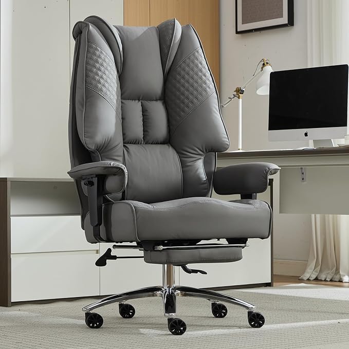 EXCEBET Big and Tall Office Chair 400lbs Wide Seat, Leather High Back Executive Office Chair with Foot Rest, Ergonomic Chairs Lumbar Support for Lower Back Pain Relief (Grey) by EXCEBETOFFICECHAIR