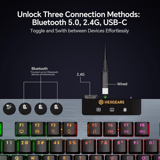 Hexgears Immersion A3 Low-Profile Wireless Mechanical Keyboard, TKL Hot-Swappable Aluminum Gaming Keyboard, BT5.0/2.4GHz/USB-C Tactile Switches, RGB Backlit, TFT Screen & 5800mAh Battery for Pc/Mac - Image 5