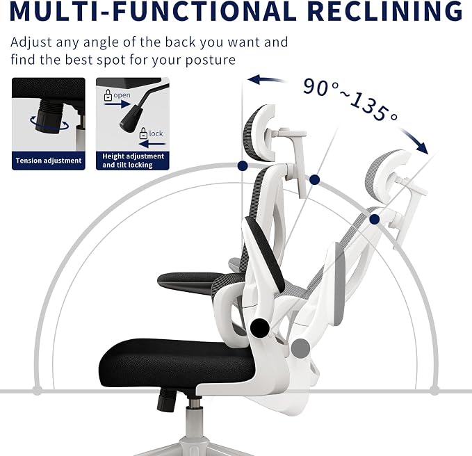 Ergonomic Office Chair - Desk Chair with Adjustable Headrest Lumbar Support Computer Chair - Mesh Comfy Chair with Flip-up Armrests - Gaming Chairs for Adults Home Office 330 LBS (White+Black) - Image 6