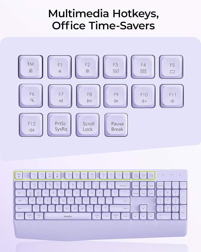 seenda Wireless Bluetooth Ergonomic Keyboard Mouse Combo, Full Size, Purple | USB/Bluetooth multi-device switching, with wrist rest, number pad, and quiet operation for PC, laptop, Mac, MacBook, and iPad - Image 9