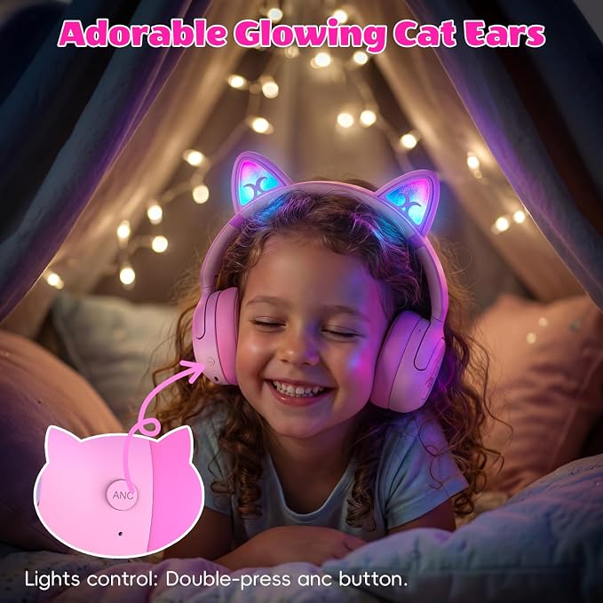 Candy Bila Kids Bluetooth Headphones, Active Noise Cancelling, 85dB Limit | LED cat ear, 40H playtime, Bluetooth 6.0, Fast charging, AUX Cable, Stereo Sound, Built-in mic for iPad Tablets Travel - Image 3