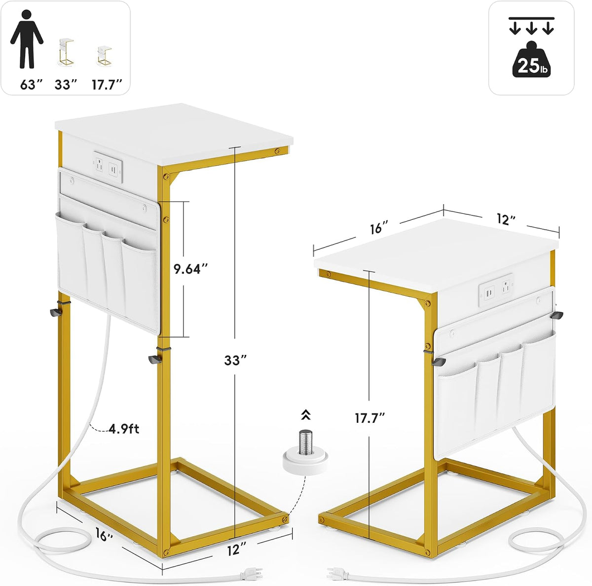 C-Shaped End Table with Charging Station, Small Side Table for Couch, 33" Tall C Table Adjustable Height Side Table, Couch Tables that Slide Under, Sofa Table TV Tray for Living Room, Golden - Image 3