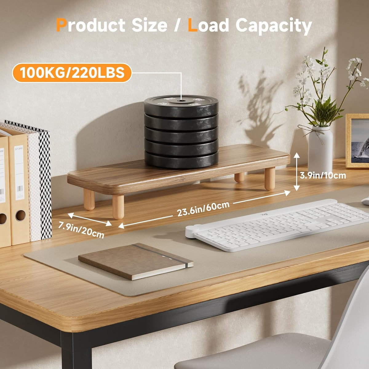 Monitor Stand Riser, 24 Inch Wood Desk Organizer with Monitor Stand & Storage Computer Monitor and Laptop Riser Multifunctional Laptop Stand Desk Organizer for Office Home Screen/Laptop/PC -Light Walnut - Image 3