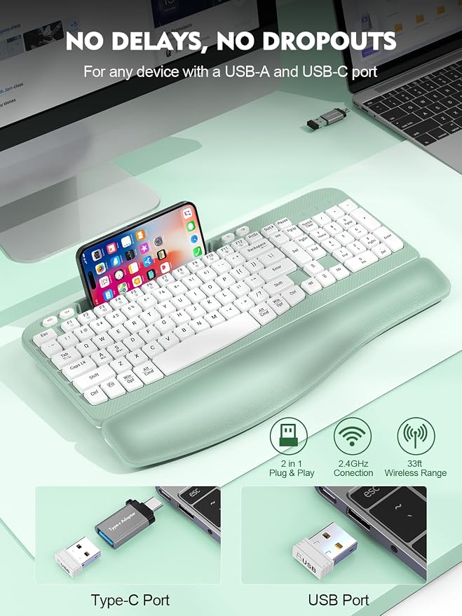 EAYBLLY 2.4G Wireless Ergonomic Keyboard, Full Size Wave Keys with Memory Foam Wrist Rest & 7.28in Phone Holder, USB-C Adapter Included for Windows Mac Chrome OS, Office or Home (Mint Green) - Image 5