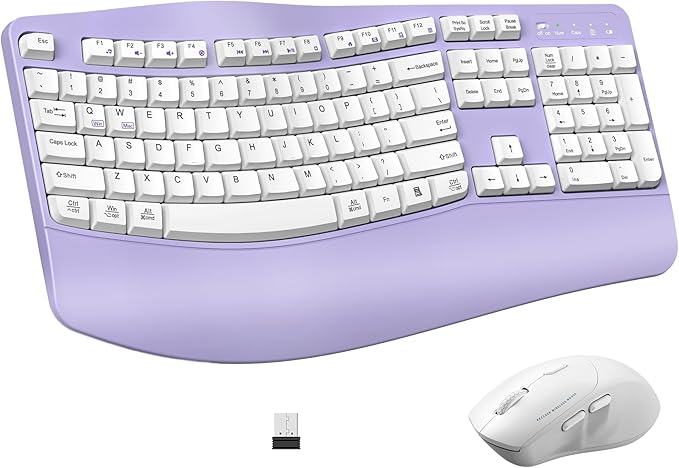 Wireless Keyboard and Mouse Combo,2.4G Ergonomic Wave Keys(Purple) | Full Size Cordless Keyboard with Wrist Rest,3-Level DPI Ergonomic Mouse for Office and Home,Windows/Mac OS/Desktop/Laptop/PC by RECCAZR
