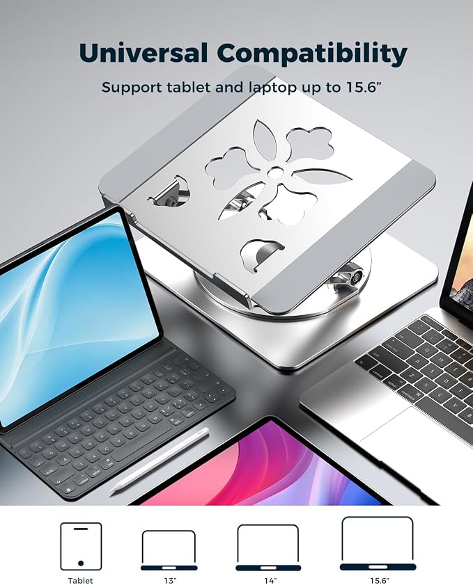 Aoviho 360° Rotating Laptop Stand for Desk | Adjustable, Foldable, Portable Aluminum Ergonomic Riser | Compatible with MacBook, Dell, HP & All Laptops 10-16 inch | Silver - Image 8