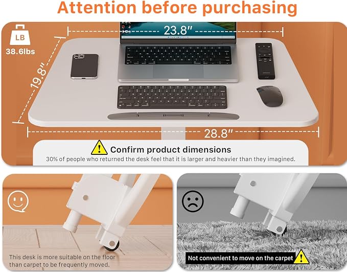 JOY worker Foldable Mobile Standing Desk, Adjustable Portable Desk, White | 90° Tiltable MDF Desktop with Strip, Height Adjustable, Collapsible Low Base with Hidden Wheels, Holds 22lbs, for Home Office - Image 6