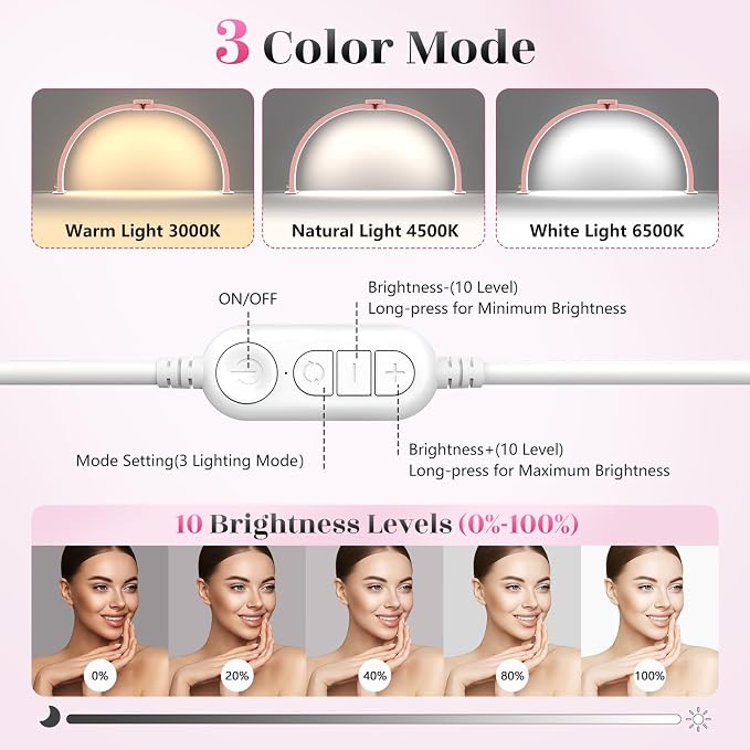 Yokilly Half Moon Light for Nail Desk: 29" Foldable Nail Light for Desk | AB Diamonds Arch Nail Tech Light with Phone Holder for Beginner - 3 Color Modes & 10 Brightness for Manicure Salon-Pink - Image 3