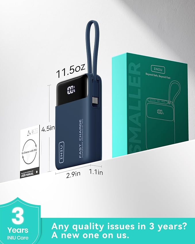 INIU Portable Charger, Smaller 45W Fast Charging Power Bank, 20000mAh Blue | Flight-Safe, Built in USB-C Cable, Travel Essential, Battery Phone Pack for iPhone 17 16 Pro, Samsung S26, iPad etc, Blue - Image 8