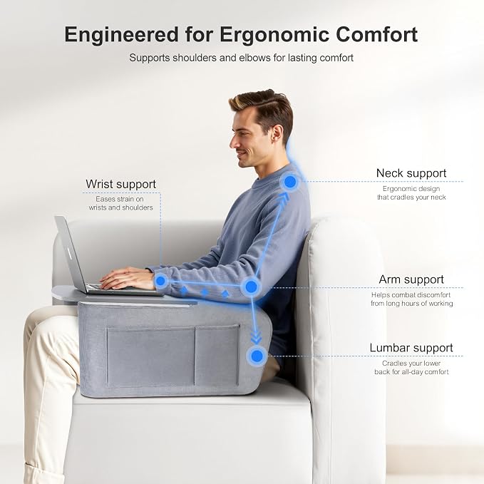 OPTIXCELL Wooden Lap Desk Pillow for Laptop with Arm Rests for Bed & Couch | Ergonomic Large 23.7" Surface, Sturdy 44 LBS Capacity, Side Pockets, for Reading, Writing, Working, Gaming, Eating, Watching - Image 3