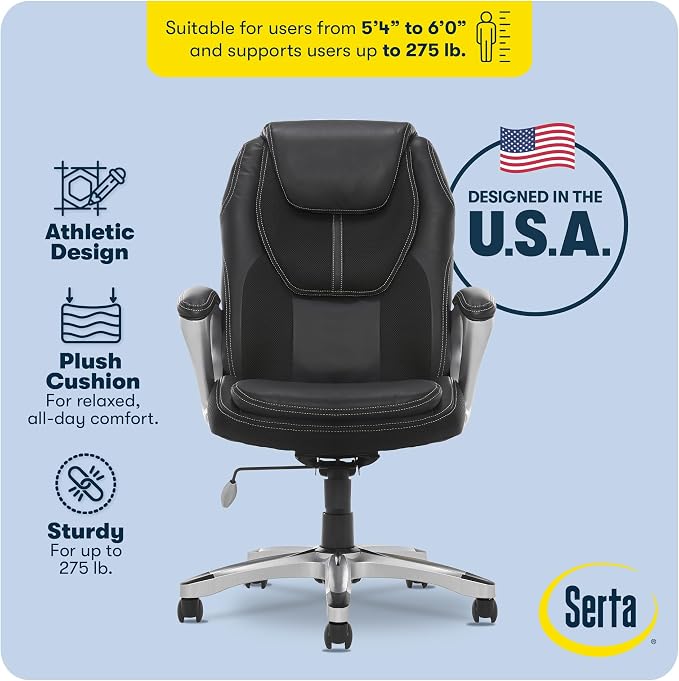 Serta Ergonomic Executive Office Chair, Padded Arms Mesh Back Leather Chair | Amplify, Contoured Lumbar Lower Back Support, Back Pain Relief, Adjustable Height & Tilt, Work From Home Desk Chair, Black - Image 4