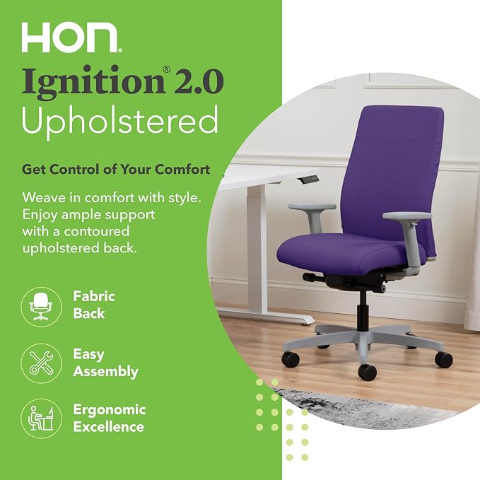 HON Ignition 2.0 Ergonomic Office Chair, Lumbar Support, Desk Chair, Iris | Upholstered ergonomic office desk chair with lumbar support, adjustable arms, office decor, advanced tilt for comfort - Image 3