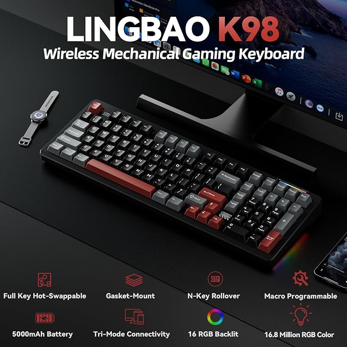 LINGBAO K98 Wireless Mechanical Gaming Keyboard, Tri-Mode Gasket Hot Swap | Linear Switches Creamy Keyboard with Number Pad,96% Layout RGB Backlit Mechanical Keyboard for PC Laptop, Custom Software - Image 2