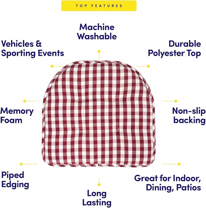 Sweet Home Collection Chair Cushion Memory Foam Pads Tufted Slip Non Skid Rubber Back U-Shaped 17" x 16" Seat Cover, 2 Count (Pack of 1), Checkered Wine/White - Image 5
